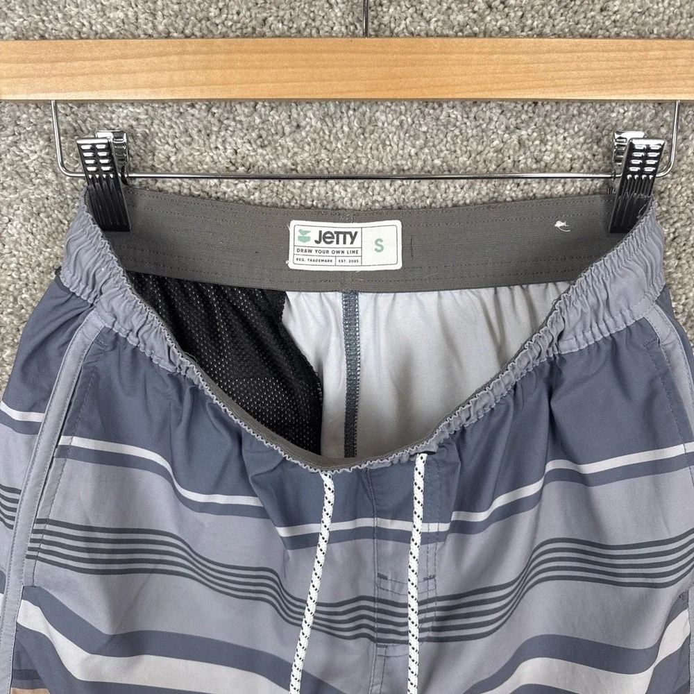 Jetty Mens Small Striped Board Shorts Grey Blue Tan Swim Trunks Recycled